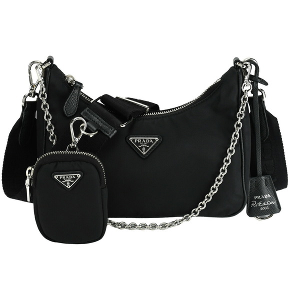 Prada Nylon shoulder bag one chain triangle logo black nylon saffiano - Picture 1 of 7